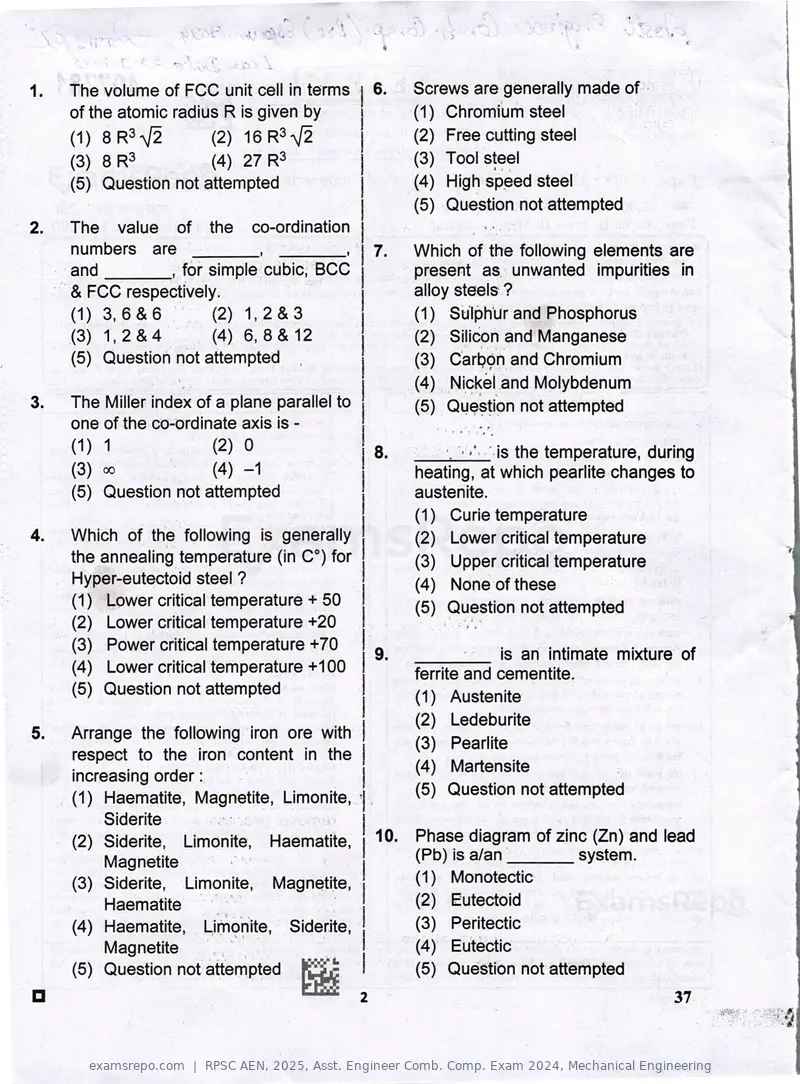 RPSC AEN 2025 question paper, Asst. Engineer Comb. Comp. Exam 2024, Mechanical Engineering, page 2 of 16