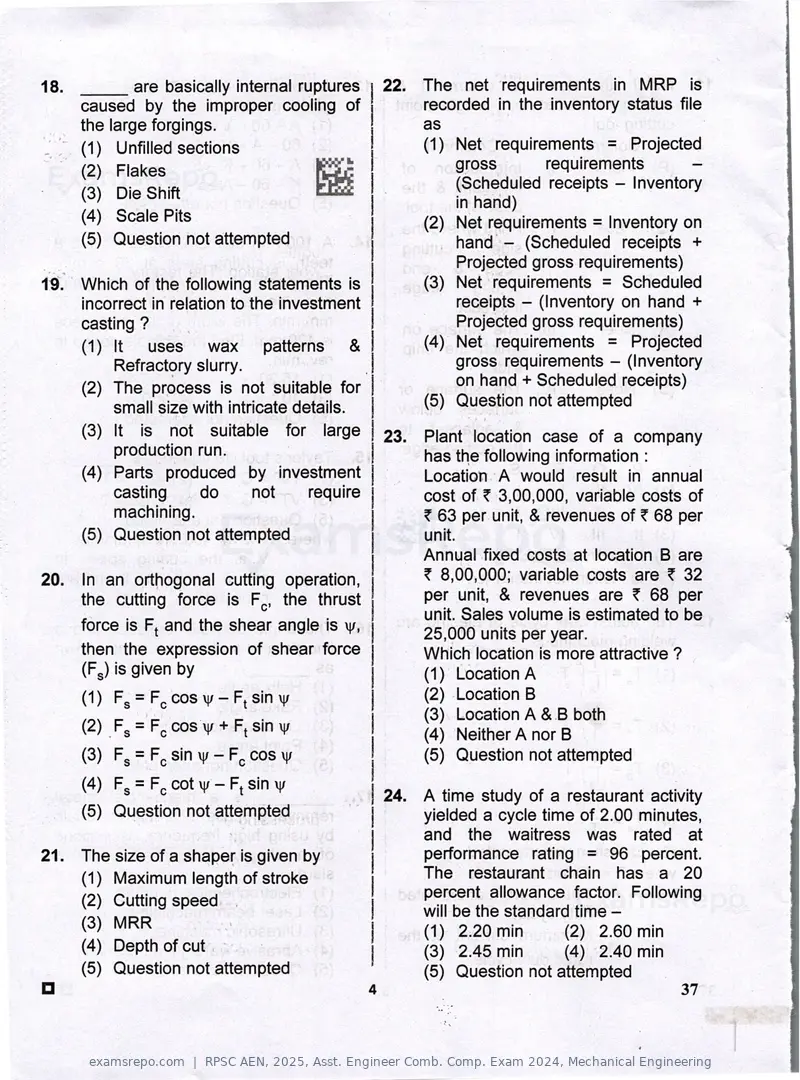 RPSC AEN 2025 question paper, Asst. Engineer Comb. Comp. Exam 2024, Mechanical Engineering, page 4 of 16