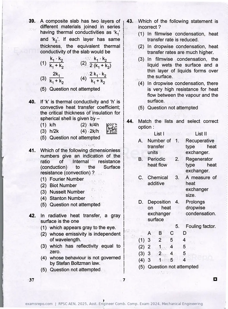 RPSC AEN 2025 question paper, Asst. Engineer Comb. Comp. Exam 2024, Mechanical Engineering, page 7 of 16