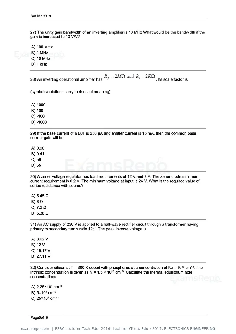 RPSC Lecturer Tech Edu 2016 question paper, Lecturer (Tech. Edu.) 2014, ELECTRONICS ENGINEERING, page 5 of 16