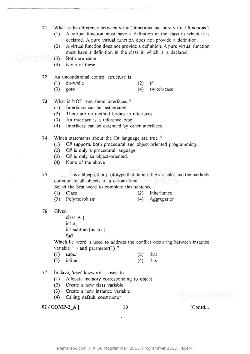 RPSC Programmer 2013 question paper, Programmer 2013, Paper-II, page 10 of 16