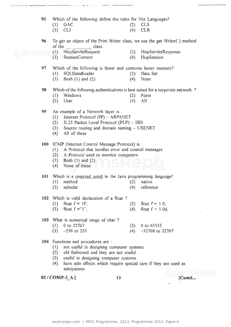 RPSC Programmer 2013 question paper, Programmer 2013, Paper-II, page 13 of 16