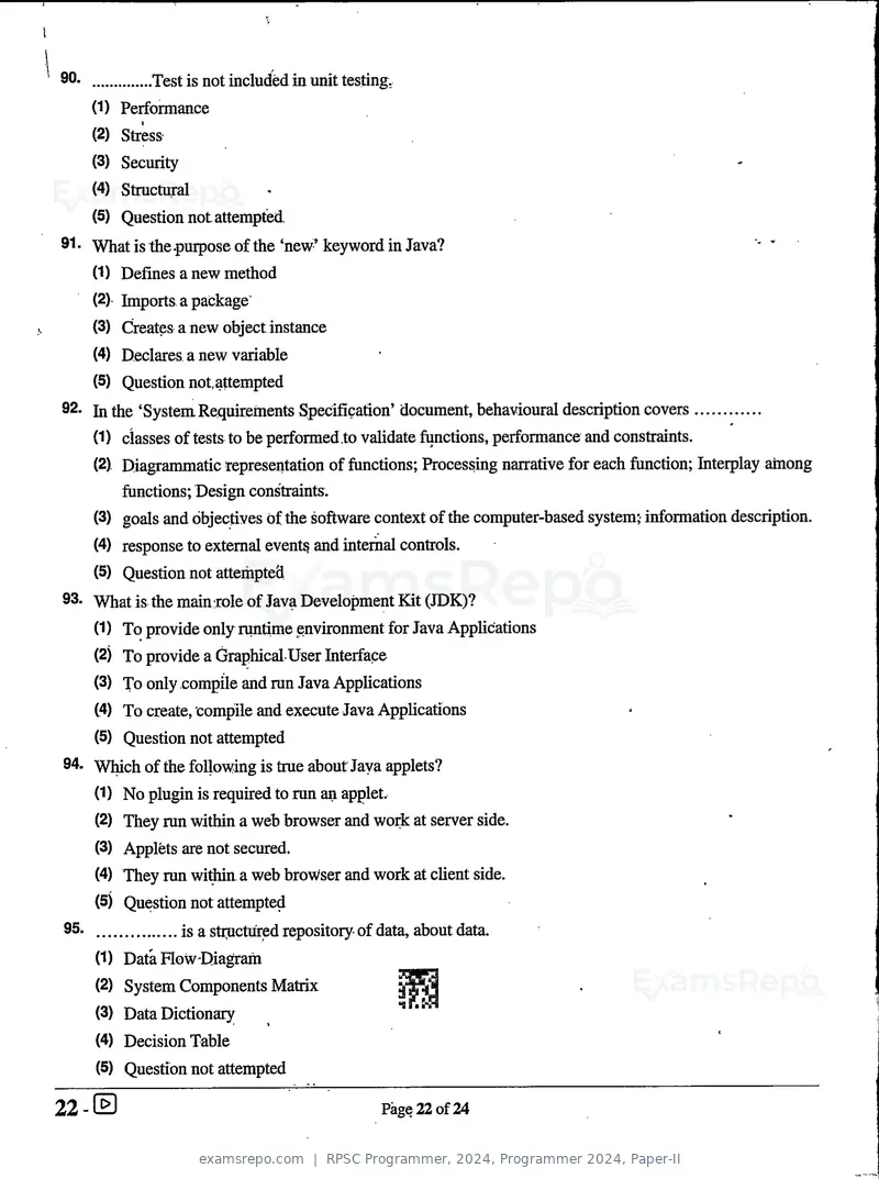 RPSC Programmer 2024 question paper, Programmer 2024, Paper-II, page 22 of 24