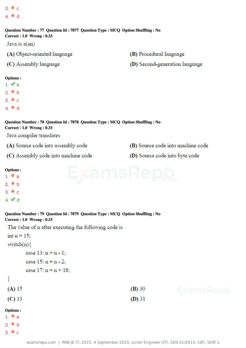 RRB JE IT 2015 question paper, 4 September 2015, Junior Engineer (IT), CEN 01/2015, CBT, Shift 2, page 23 of 45