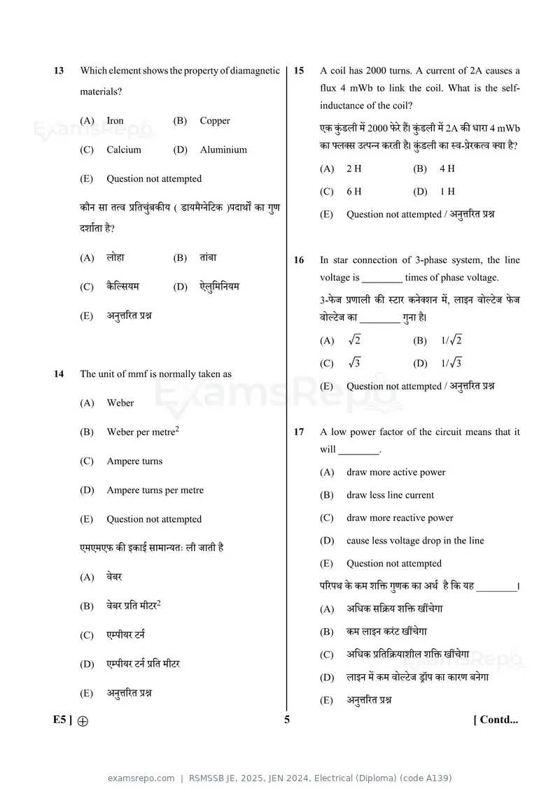 RSMSSB JE 2025 question paper, JEN 2024, Electrical (Diploma) (code A139), page 5 of 32