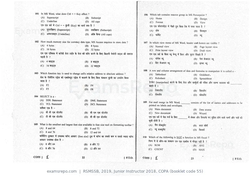 RSMSSB 2019 question paper, Junior Instructor 2018, COPA (booklet code 55), page 12 of 16