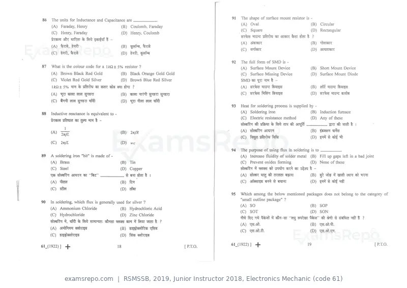 RSMSSB 2019 question paper, Junior Instructor 2018, Electronics Mechanic (code 61), page 10 of 16