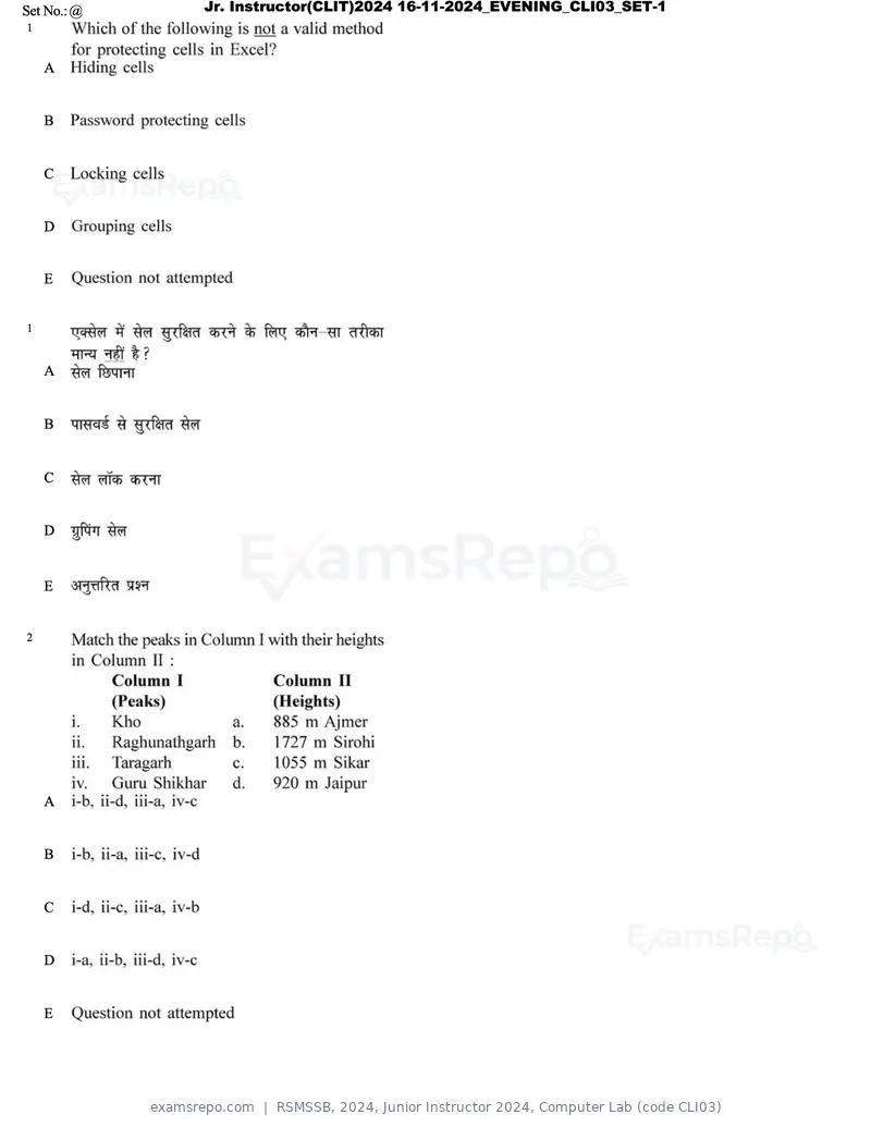 RSMSSB 2024 question paper, Junior Instructor 2024, Computer Lab (code CLI03), page 1 of 69