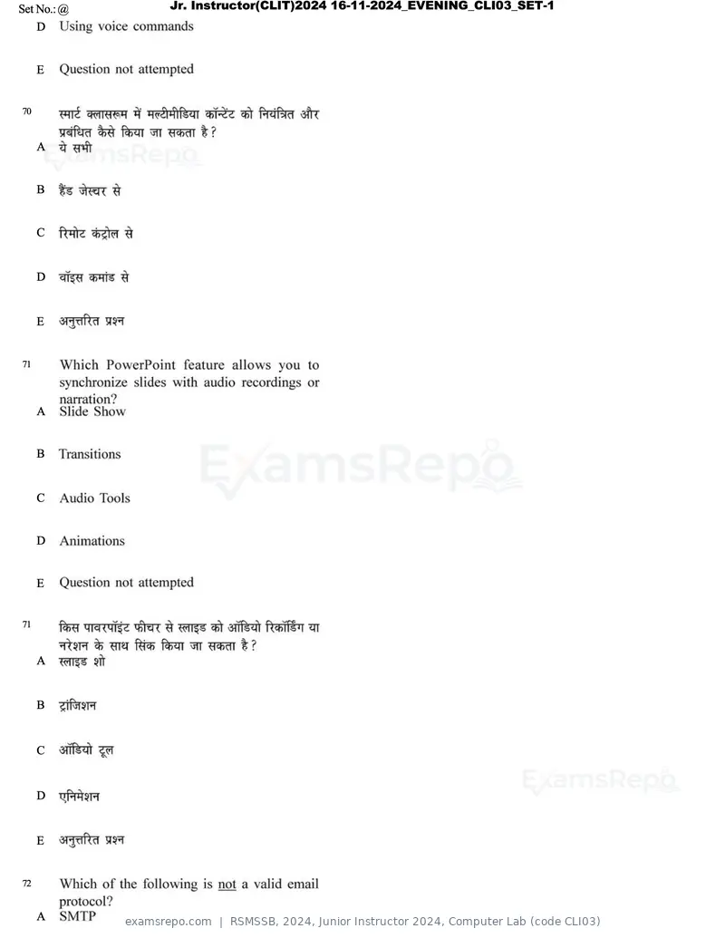 RSMSSB 2024 question paper, Junior Instructor 2024, Computer Lab (code CLI03), page 40 of 69