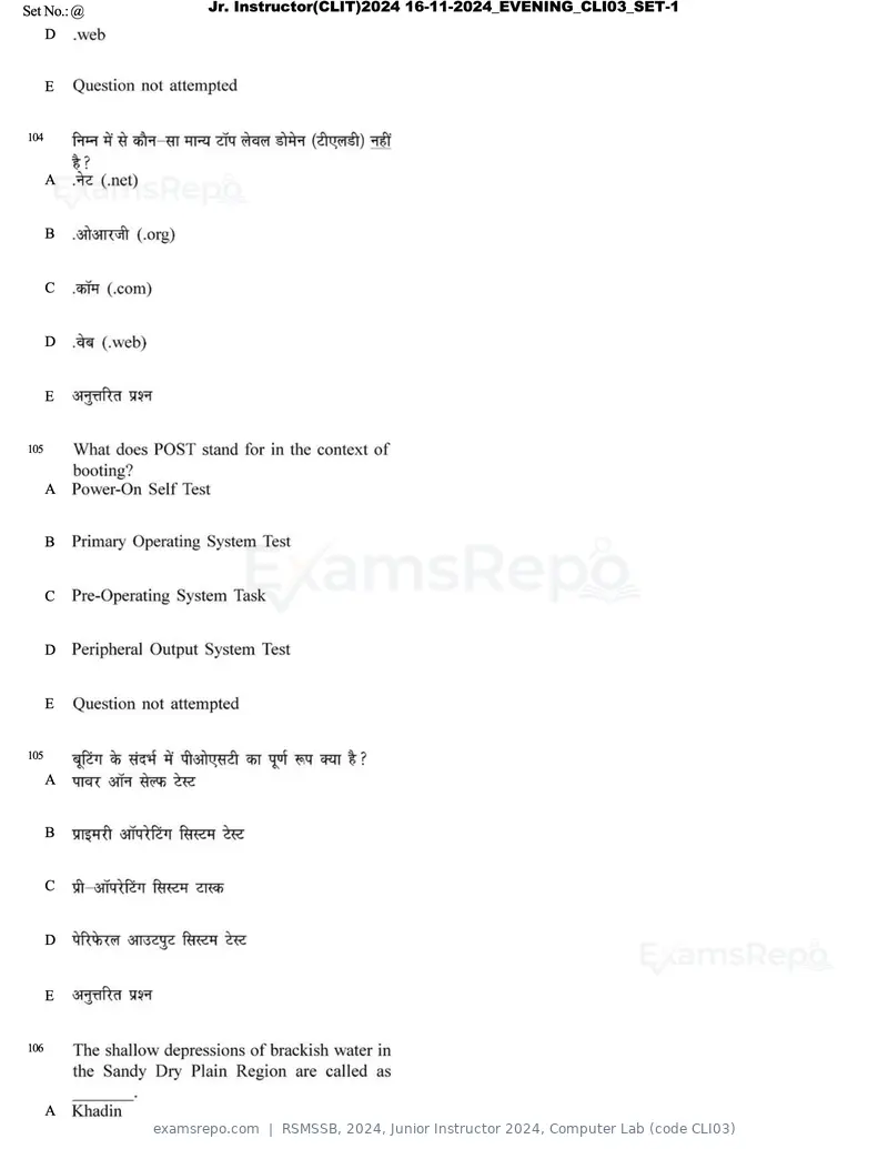 RSMSSB 2024 question paper, Junior Instructor 2024, Computer Lab (code CLI03), page 60 of 69