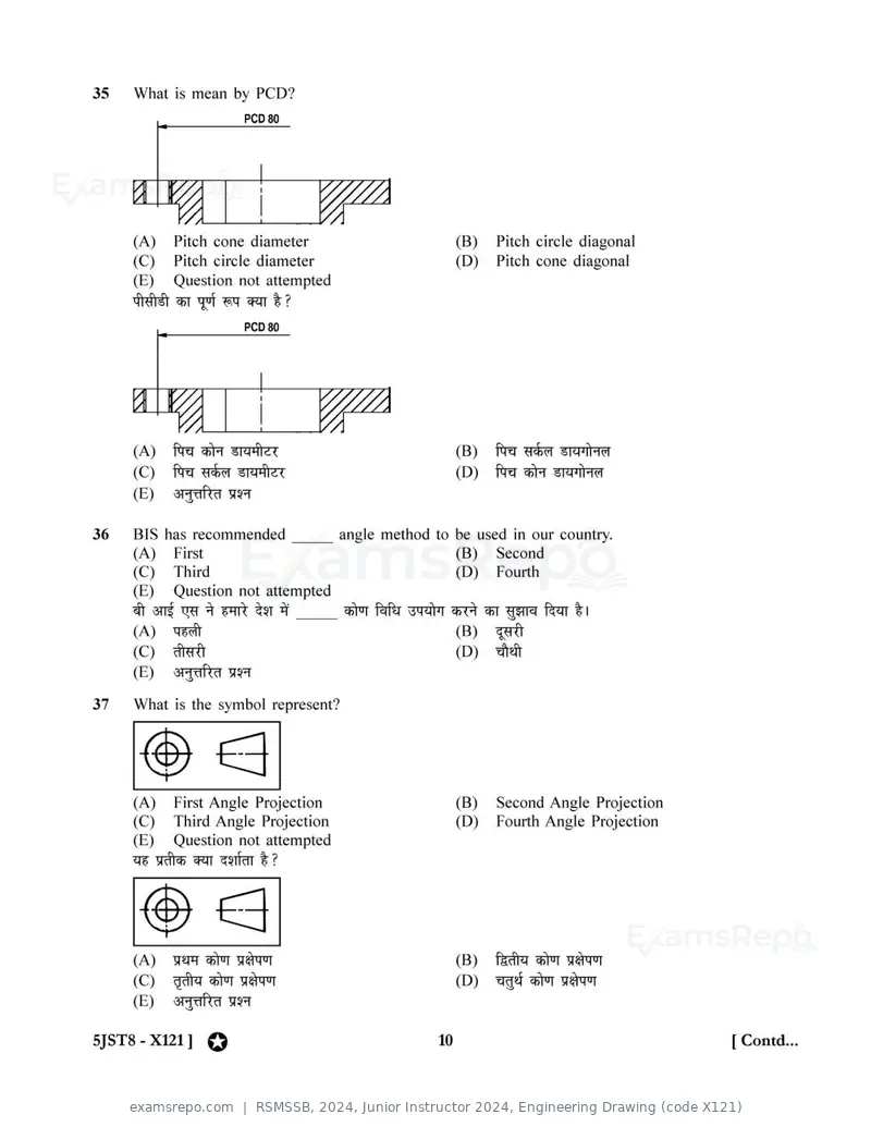 RSMSSB 2024 question paper, Junior Instructor 2024, Engineering Drawing (code X121), page 10 of 32
