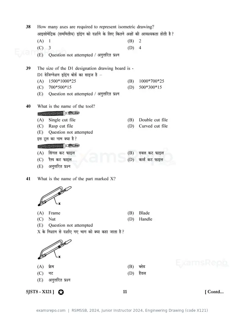 RSMSSB 2024 question paper, Junior Instructor 2024, Engineering Drawing (code X121), page 11 of 32
