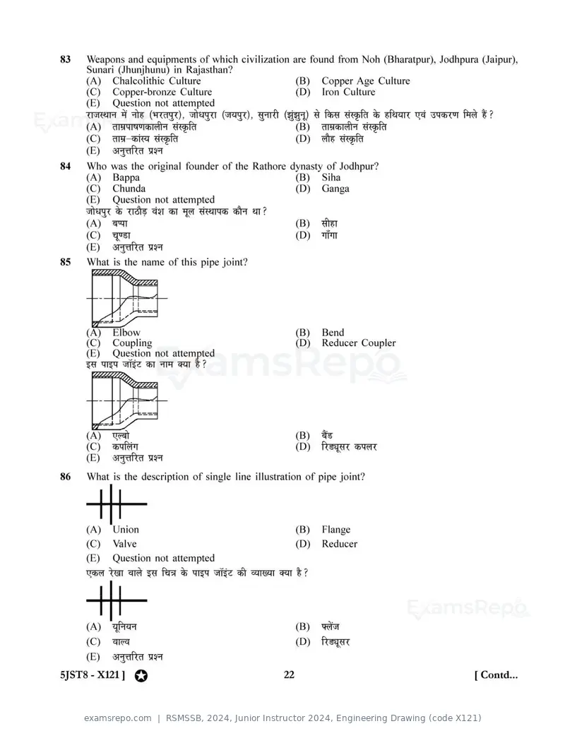 RSMSSB 2024 question paper, Junior Instructor 2024, Engineering Drawing (code X121), page 22 of 32
