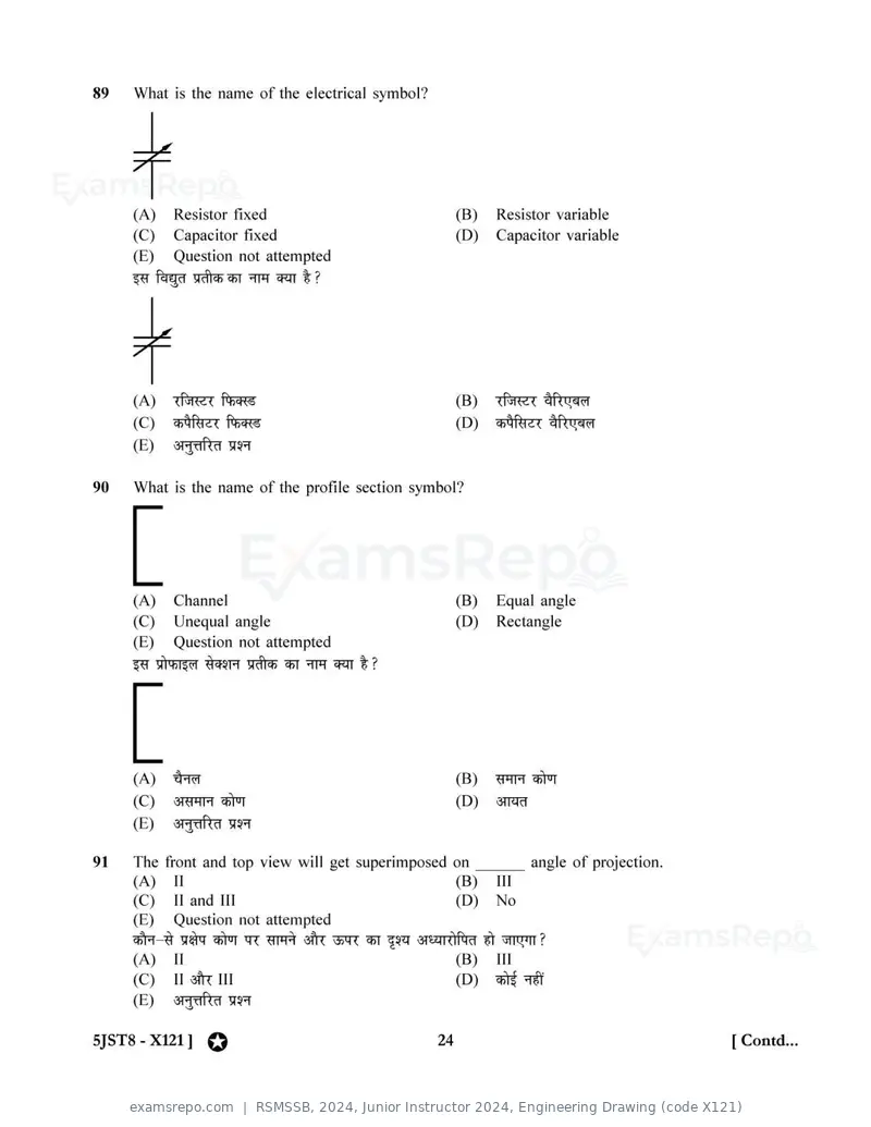 RSMSSB 2024 question paper, Junior Instructor 2024, Engineering Drawing (code X121), page 24 of 32