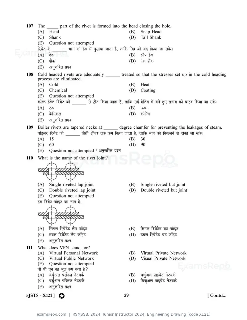 RSMSSB 2024 question paper, Junior Instructor 2024, Engineering Drawing (code X121), page 29 of 32