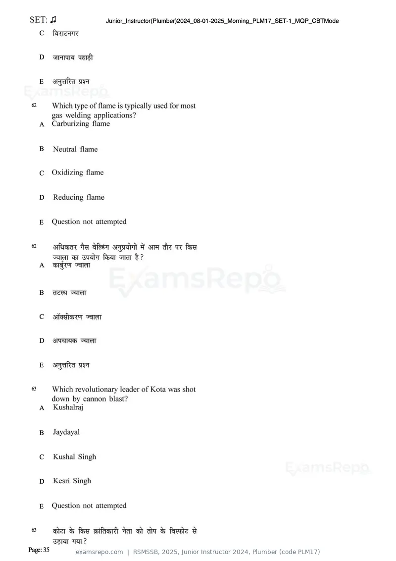 RSMSSB 2025 question paper, Junior Instructor 2024, Plumber (code PLM17), page 35 of 69