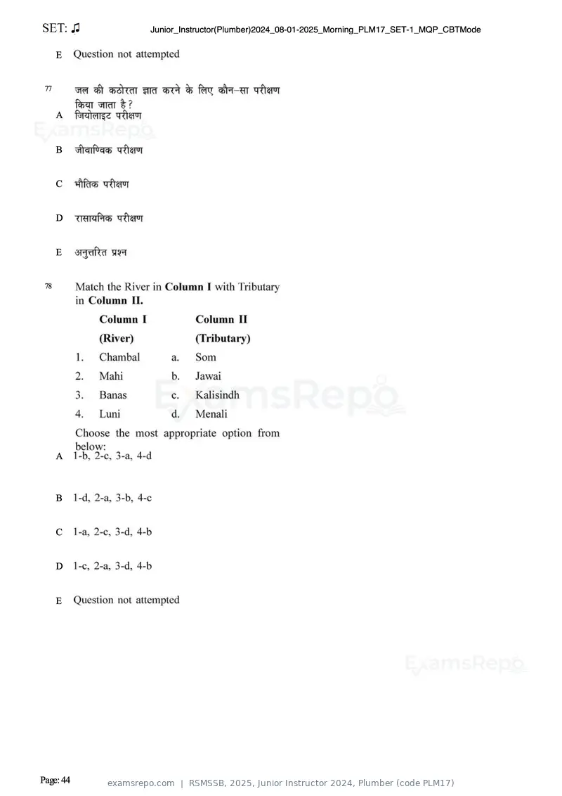 RSMSSB 2025 question paper, Junior Instructor 2024, Plumber (code PLM17), page 44 of 69