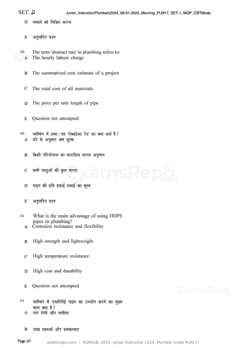 RSMSSB 2025 question paper, Junior Instructor 2024, Plumber (code PLM17), page 63 of 69