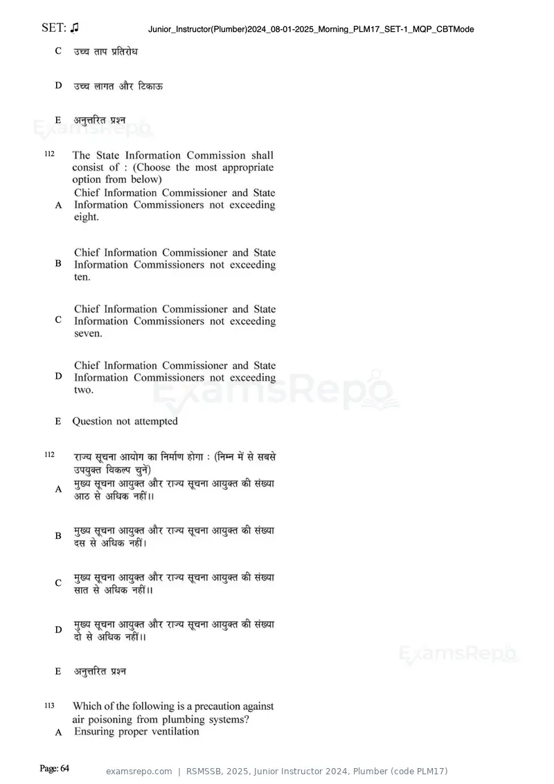 RSMSSB 2025 question paper, Junior Instructor 2024, Plumber (code PLM17), page 64 of 69