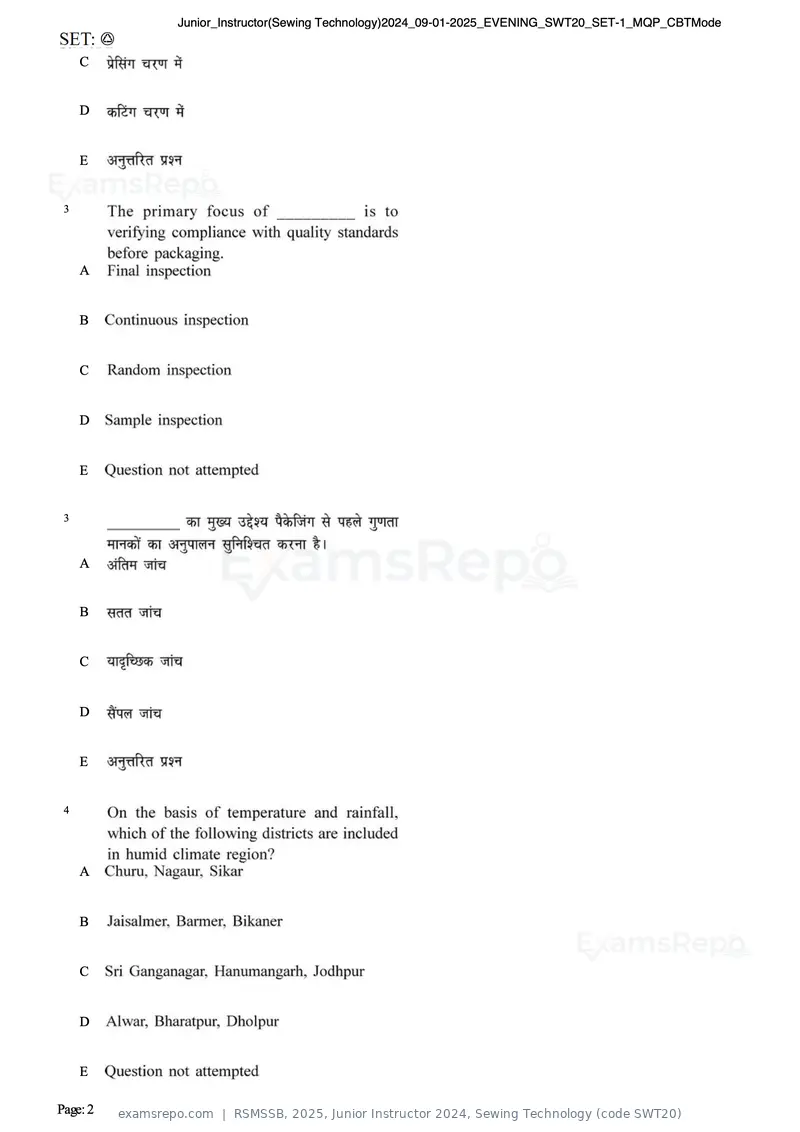 RSMSSB 2025 question paper, Junior Instructor 2024, Sewing Technology (code SWT20), page 2 of 69