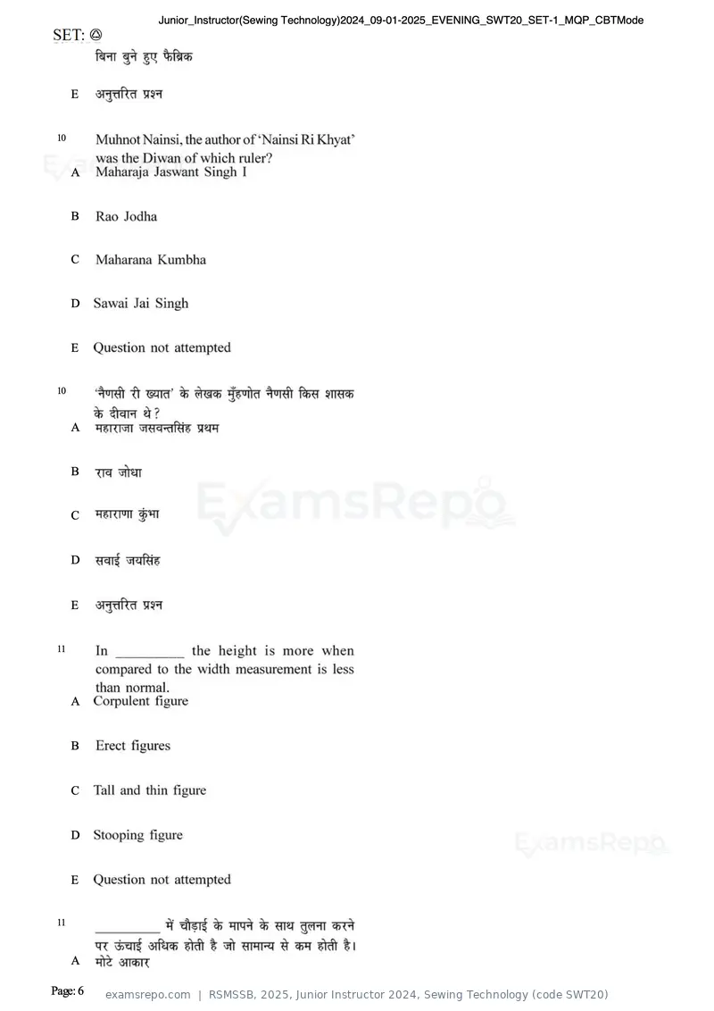 RSMSSB 2025 question paper, Junior Instructor 2024, Sewing Technology (code SWT20), page 6 of 69