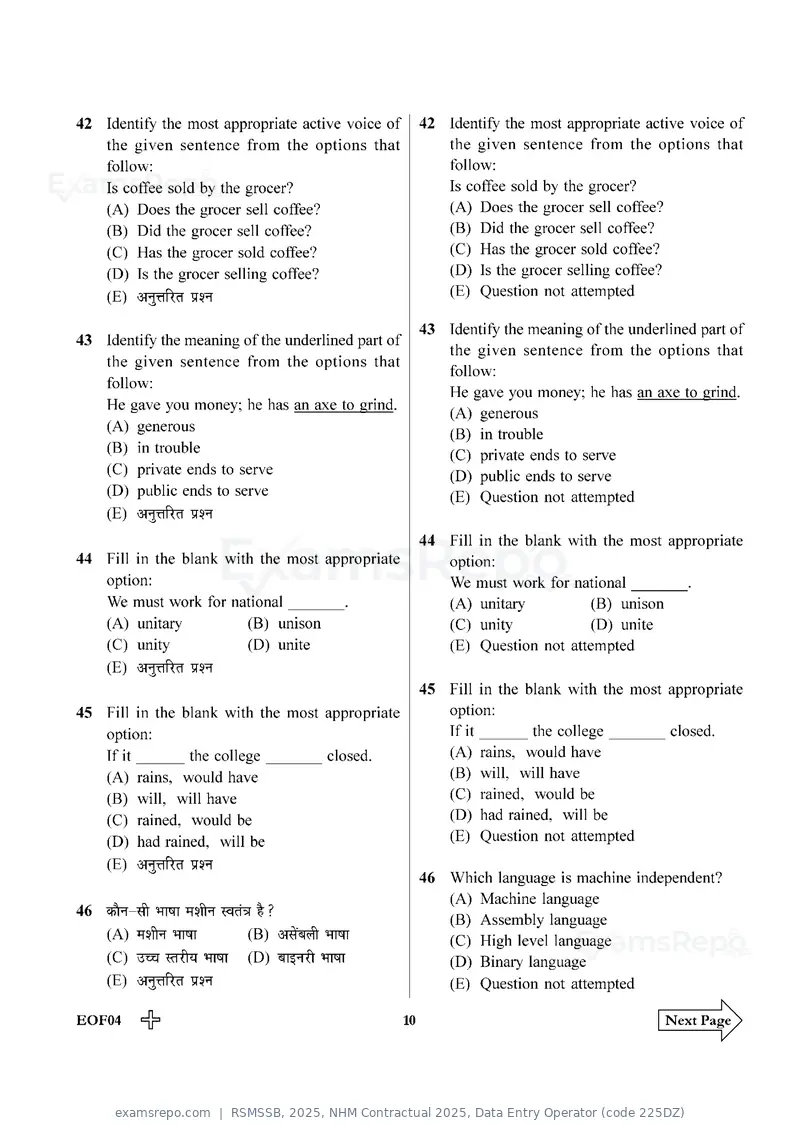 RSMSSB 2025 question paper, NHM Contractual 2025, Data Entry Operator (code 225DZ), page 10 of 32