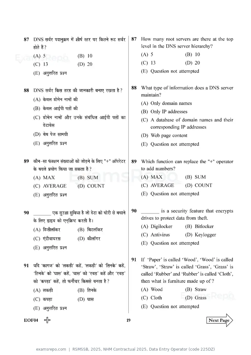 RSMSSB 2025 question paper, NHM Contractual 2025, Data Entry Operator (code 225DZ), page 19 of 32