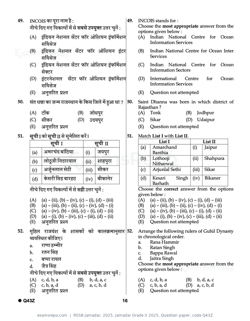 RSSB Jamadar 2025 question paper, Jamadar Grade II 2025, Question paper, code Q43Z, page 16 of 32