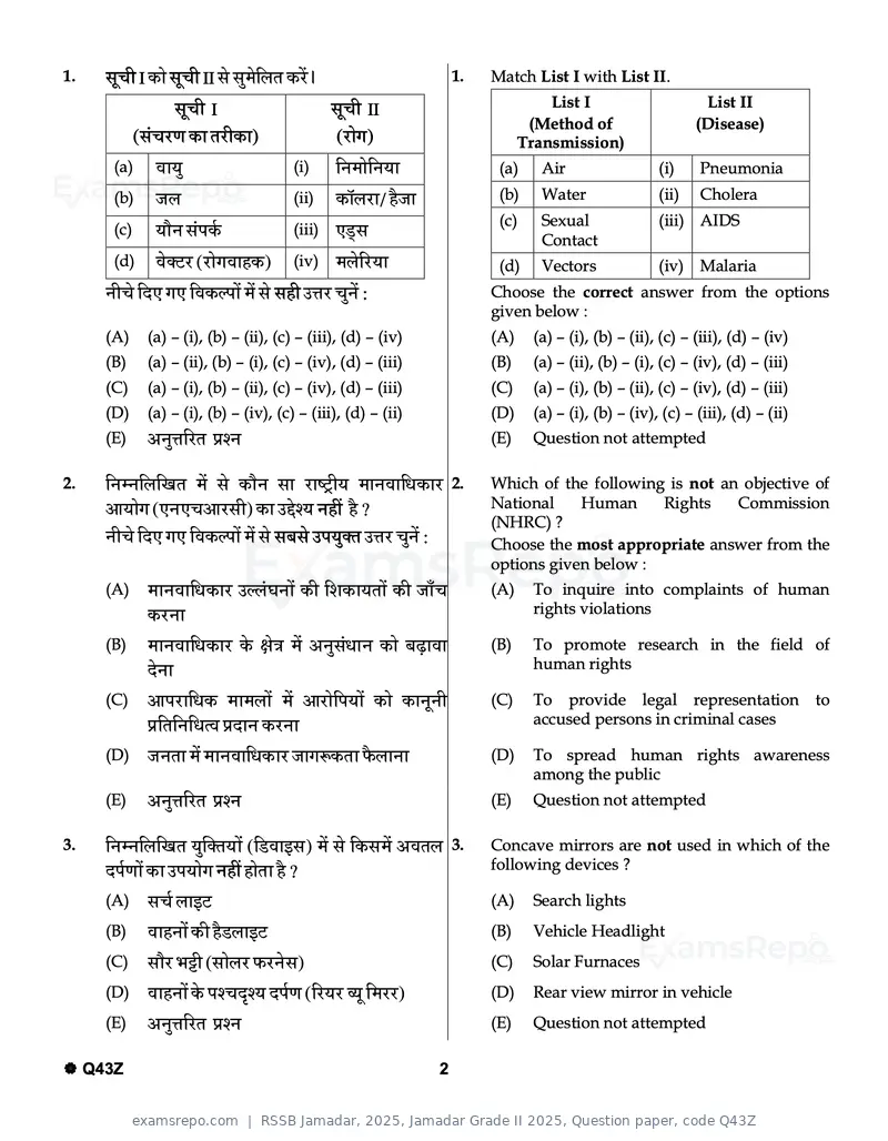 RSSB Jamadar 2025 question paper, Jamadar Grade II 2025, Question paper, code Q43Z, page 2 of 32