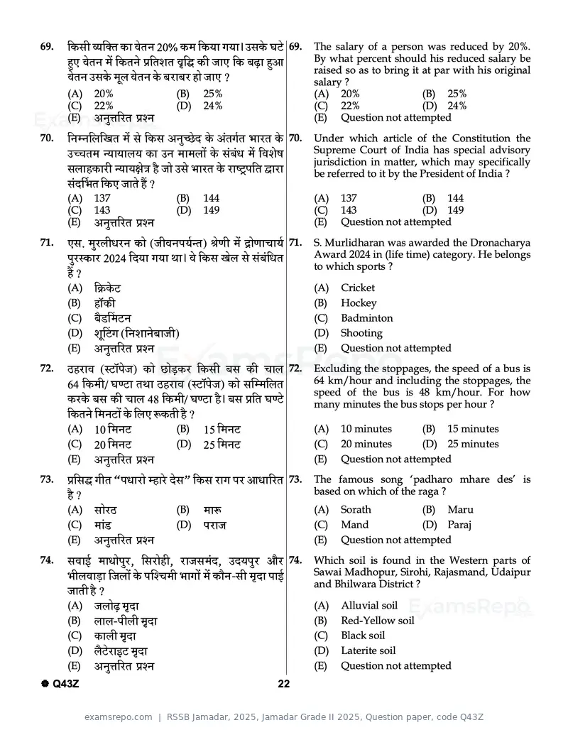 RSSB Jamadar 2025 question paper, Jamadar Grade II 2025, Question paper, code Q43Z, page 22 of 32