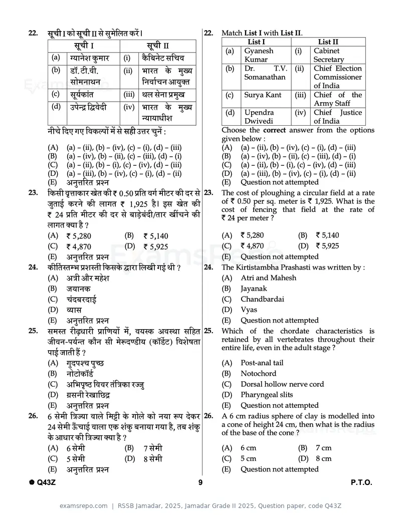 RSSB Jamadar 2025 question paper, Jamadar Grade II 2025, Question paper, code Q43Z, page 9 of 32