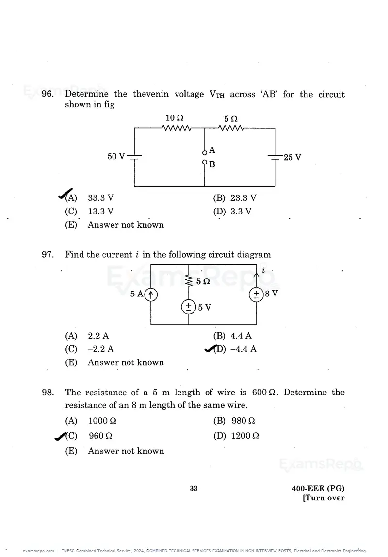 TNPSC Combined Technical Service 2024 question paper, COMBINED TECHNICAL SERVICES EXAMINATION IN NON-INTERVIEW POSTS, Electrical and Electronics Engineering, page 32 of 62