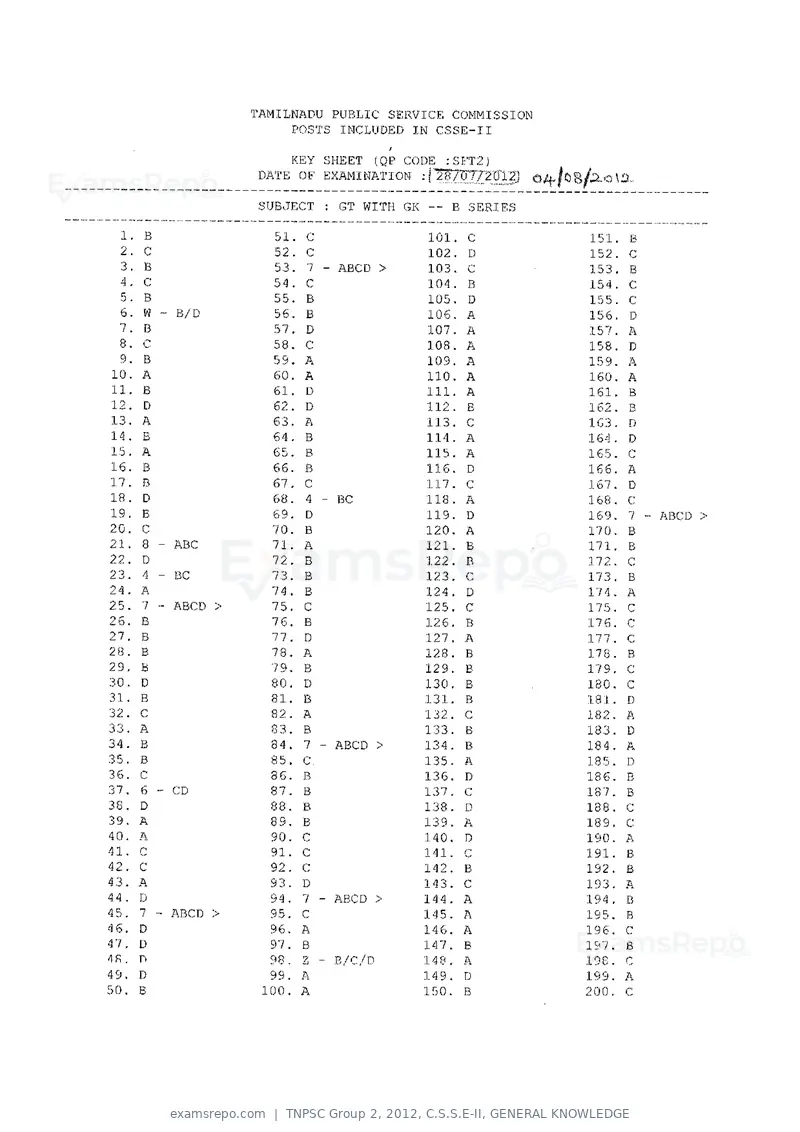 TNPSC Group 2 2012 answer key, C.S.S.E-II, GENERAL KNOWLEDGE, page 2 of 8