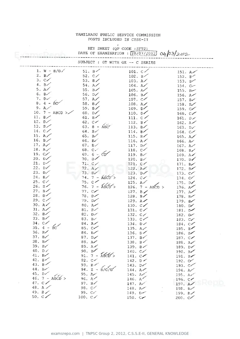 TNPSC Group 2 2012 answer key, C.S.S.E-II, GENERAL KNOWLEDGE, page 3 of 8