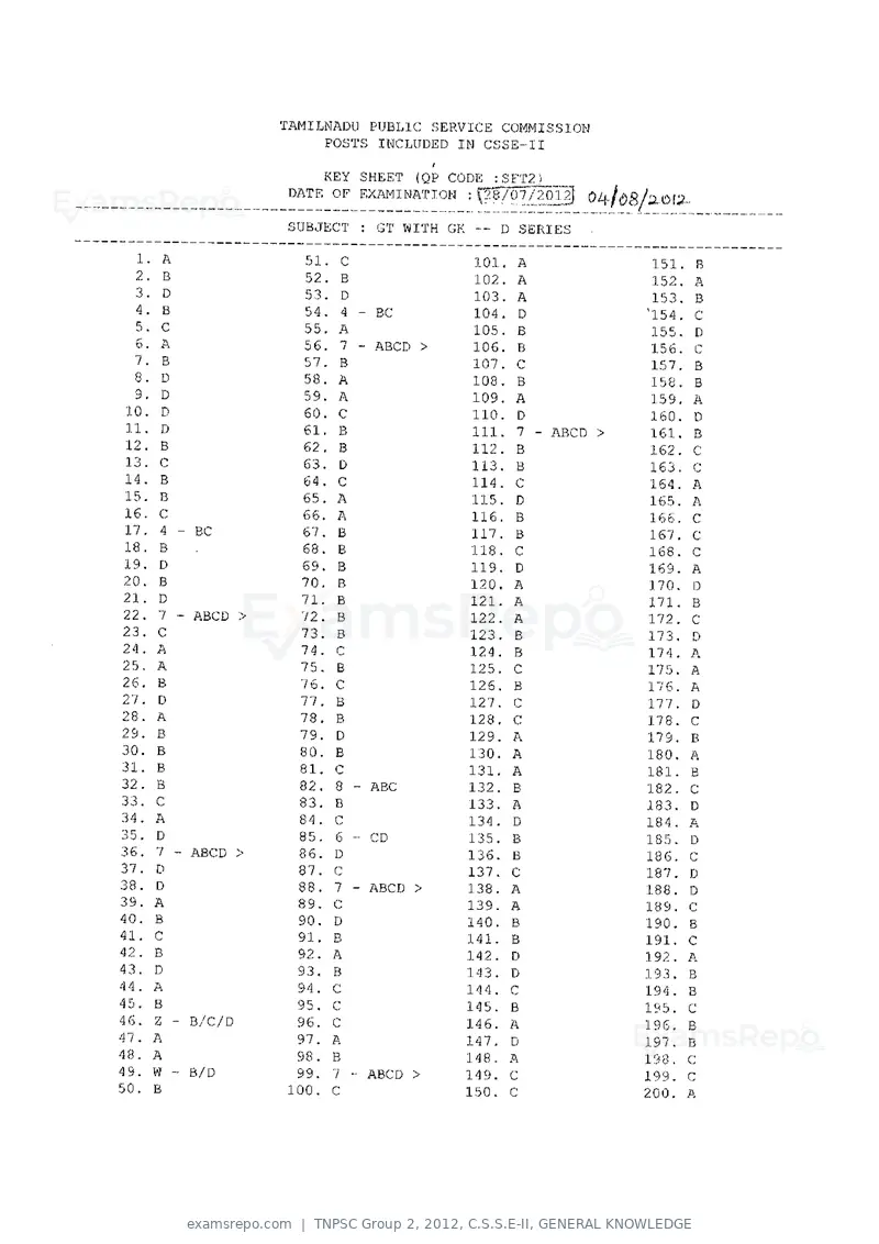 TNPSC Group 2 2012 answer key, C.S.S.E-II, GENERAL KNOWLEDGE, page 4 of 8