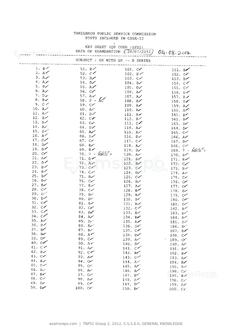 TNPSC Group 2 2012 answer key, C.S.S.E-II, GENERAL KNOWLEDGE, page 6 of 8