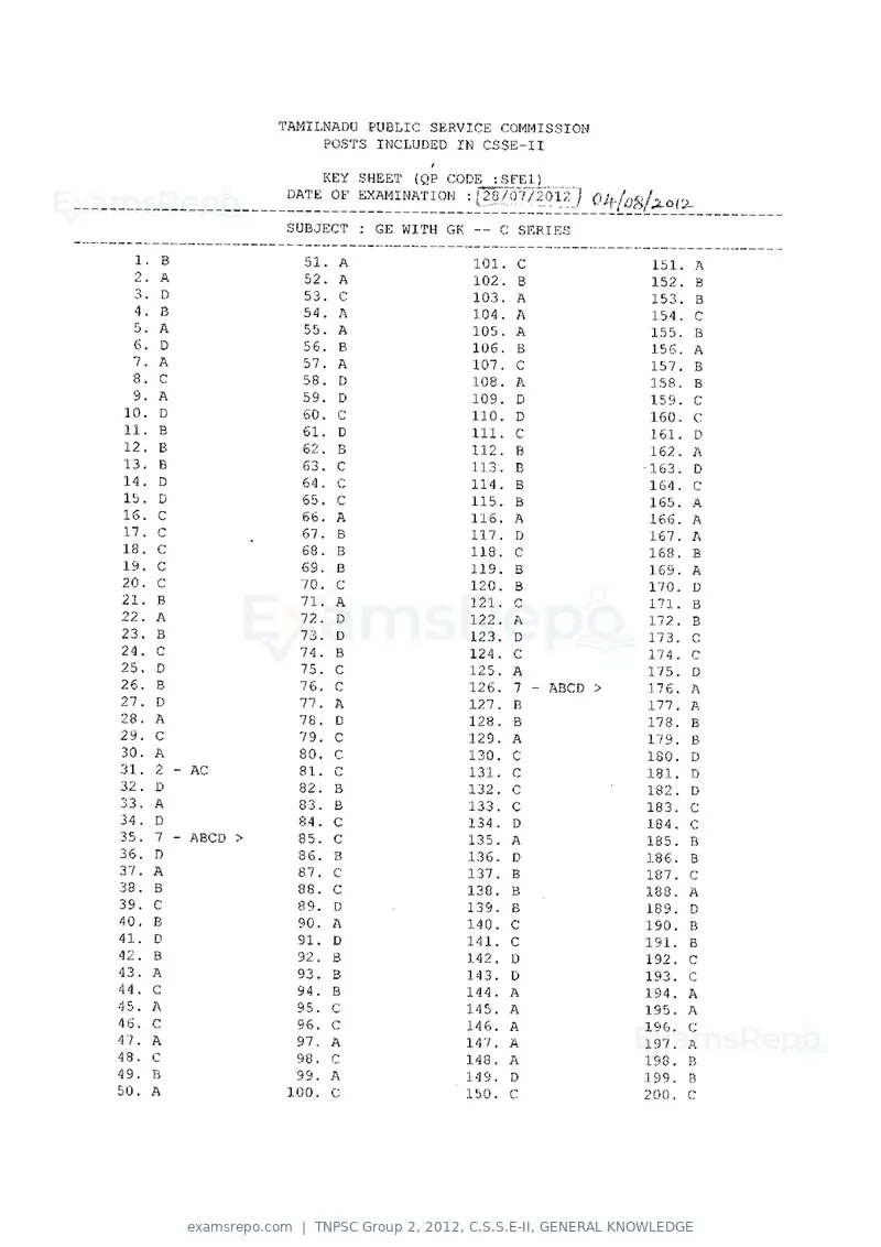 TNPSC Group 2 2012 answer key, C.S.S.E-II, GENERAL KNOWLEDGE, page 7 of 8