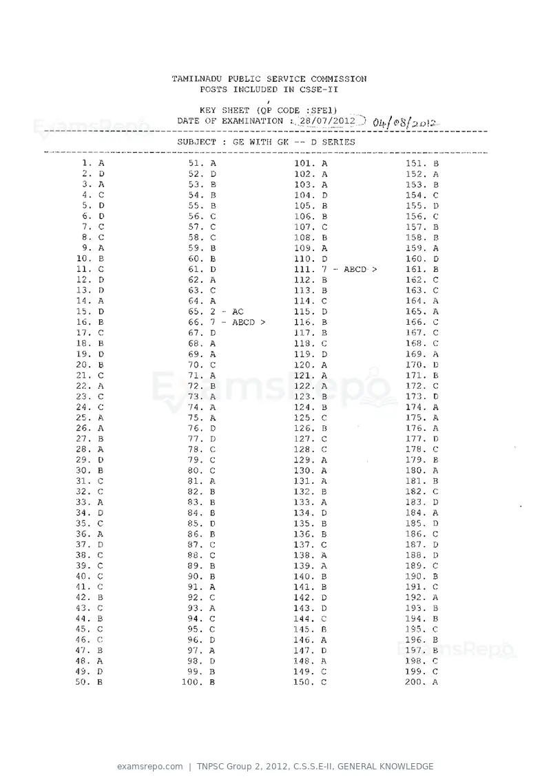 TNPSC Group 2 2012 answer key, C.S.S.E-II, GENERAL KNOWLEDGE, page 8 of 8
