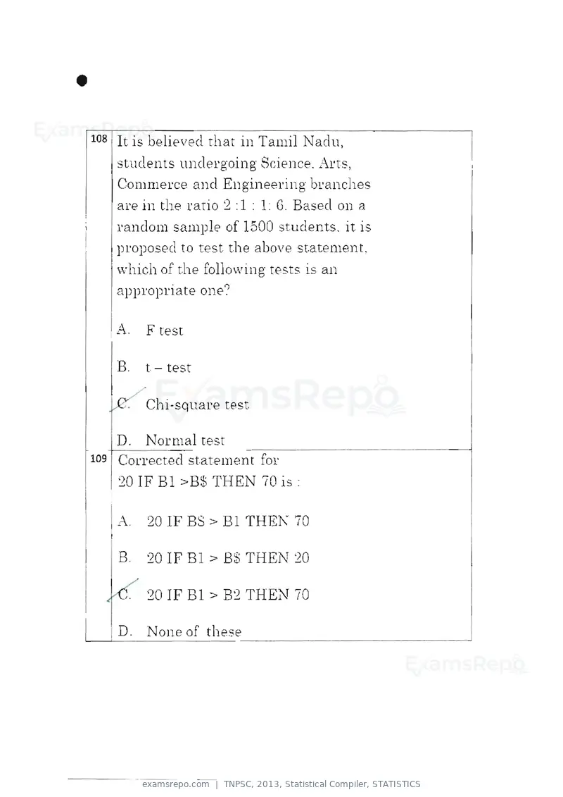 TNPSC 2013 question paper, Statistical Compiler, STATISTICS, page 59 of 103