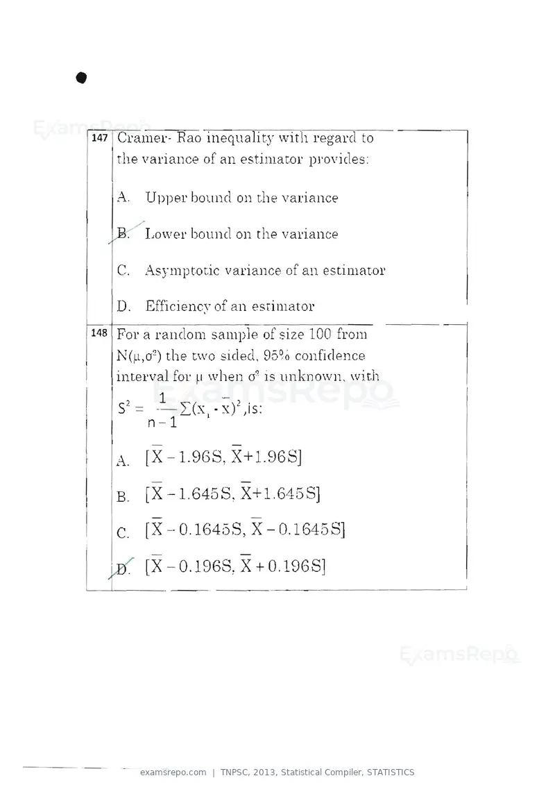 TNPSC 2013 question paper, Statistical Compiler, STATISTICS, page 78 of 103