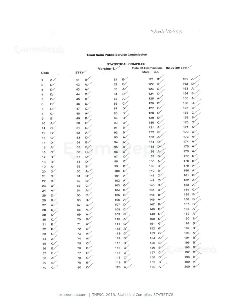TNPSC 2013 answer key, Statistical Compiler, STATISTICS, page 1 of 32