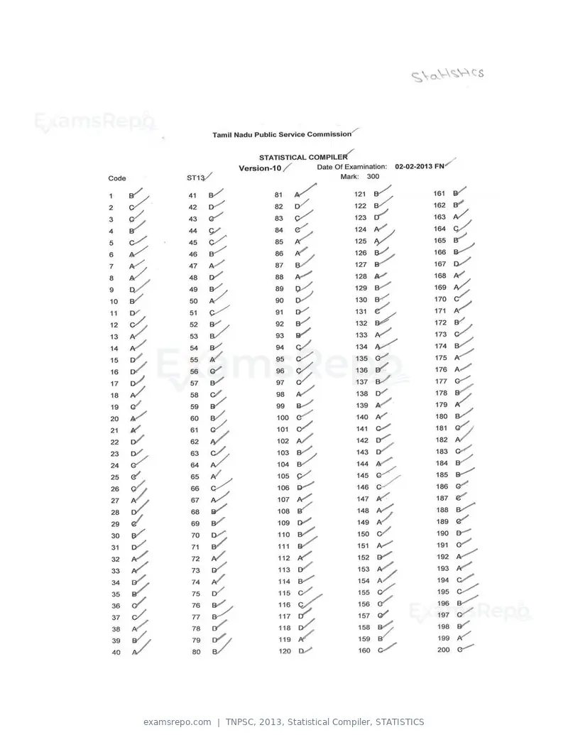 TNPSC 2013 answer key, Statistical Compiler, STATISTICS, page 10 of 32