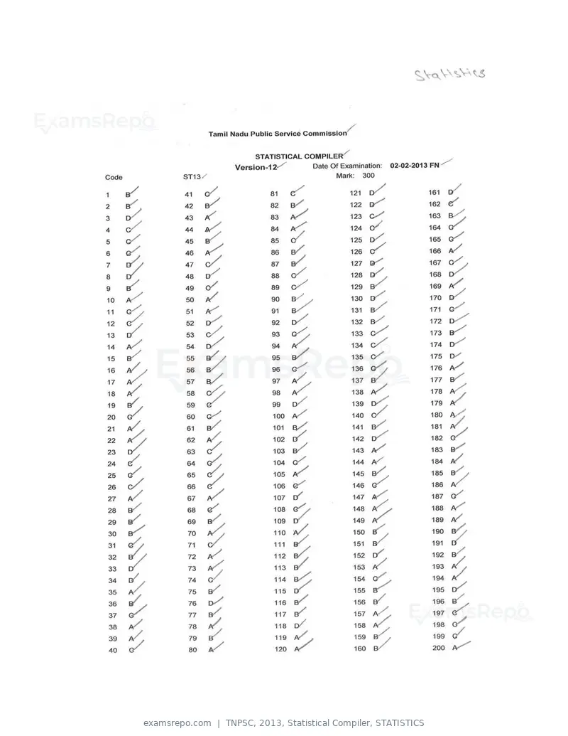 TNPSC 2013 answer key, Statistical Compiler, STATISTICS, page 12 of 32