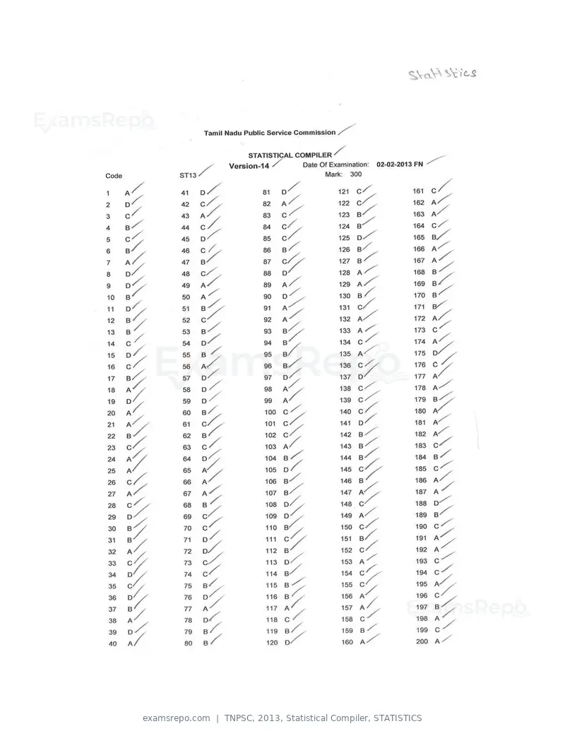 TNPSC 2013 answer key, Statistical Compiler, STATISTICS, page 14 of 32