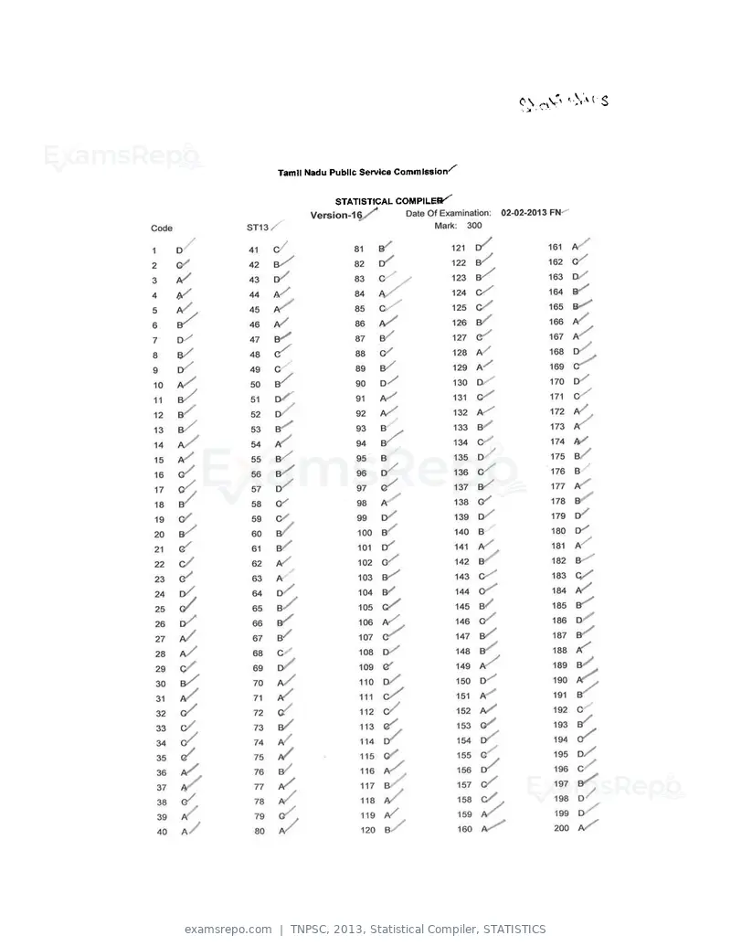 TNPSC 2013 answer key, Statistical Compiler, STATISTICS, page 16 of 32