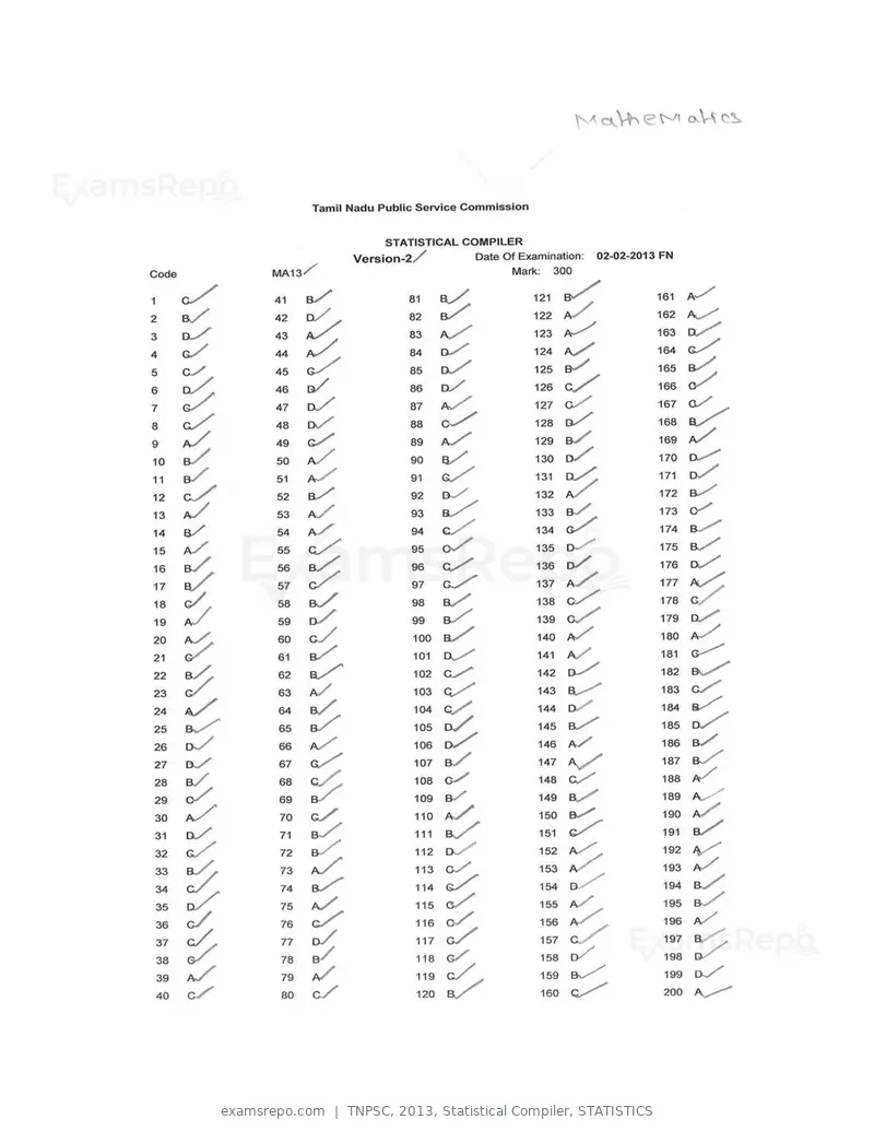TNPSC 2013 answer key, Statistical Compiler, STATISTICS, page 18 of 32