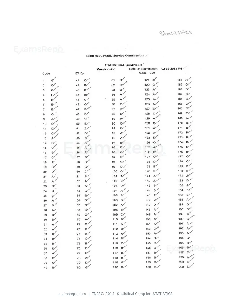 TNPSC 2013 answer key, Statistical Compiler, STATISTICS, page 2 of 32