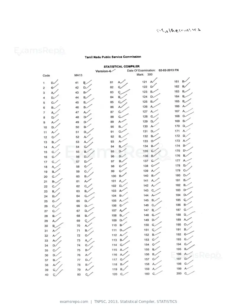 TNPSC 2013 answer key, Statistical Compiler, STATISTICS, page 20 of 32