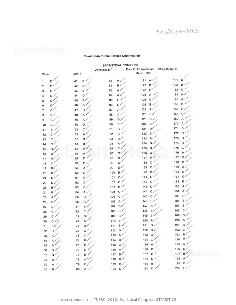 TNPSC 2013 answer key, Statistical Compiler, STATISTICS, page 21 of 32