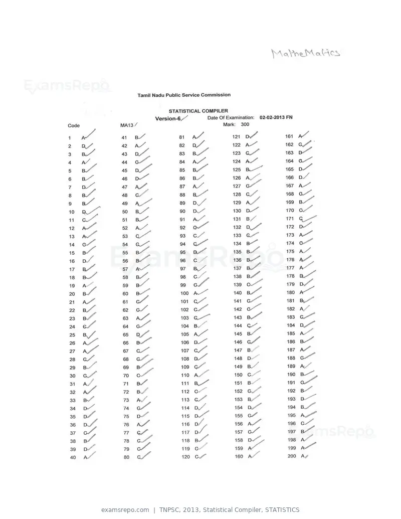 TNPSC 2013 answer key, Statistical Compiler, STATISTICS, page 22 of 32